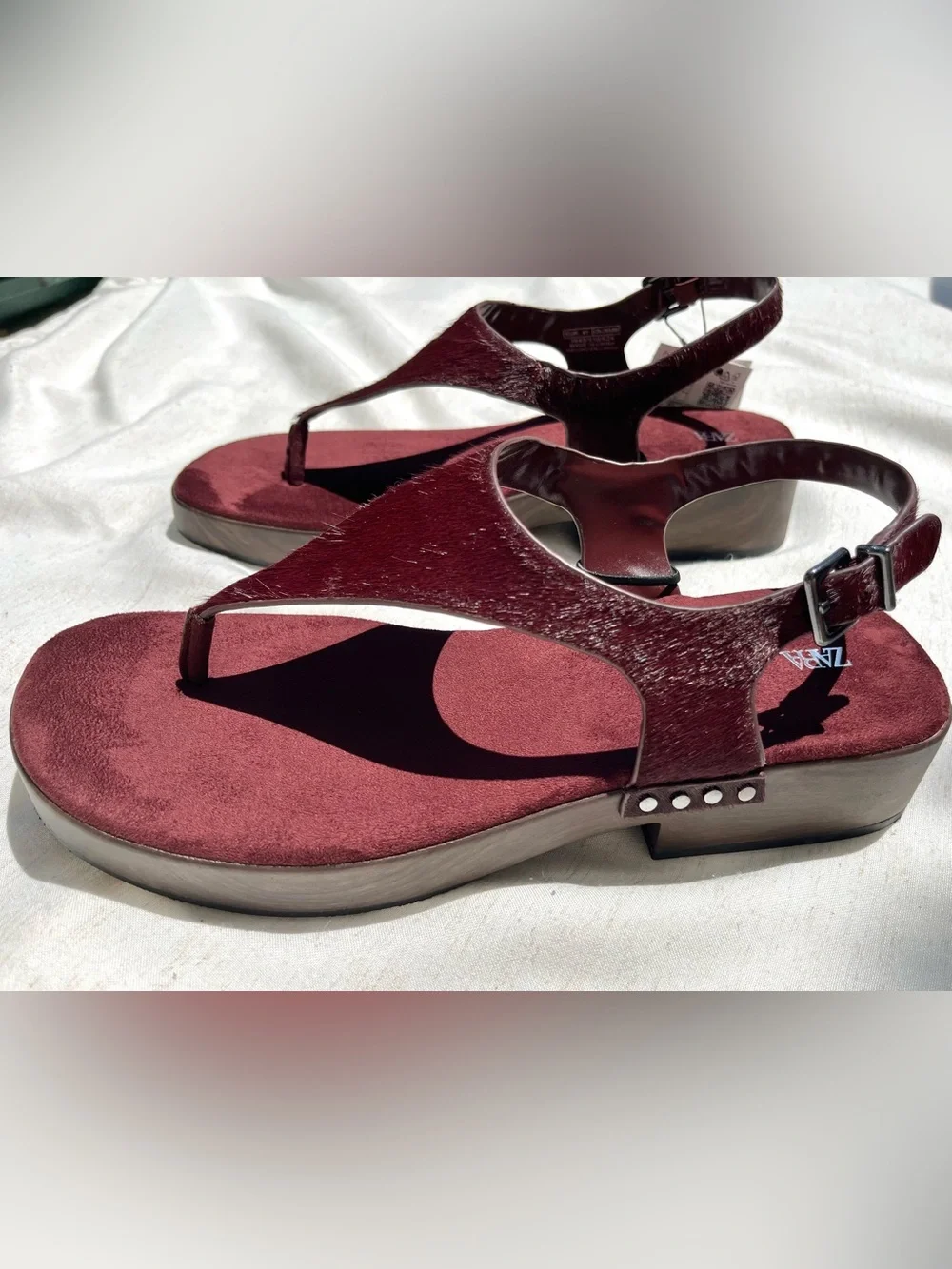 Zara Leather Strap Sandals With Rivets Burgundy Red Platform Sheep Skin Size 10 - Picture 8 of 15
